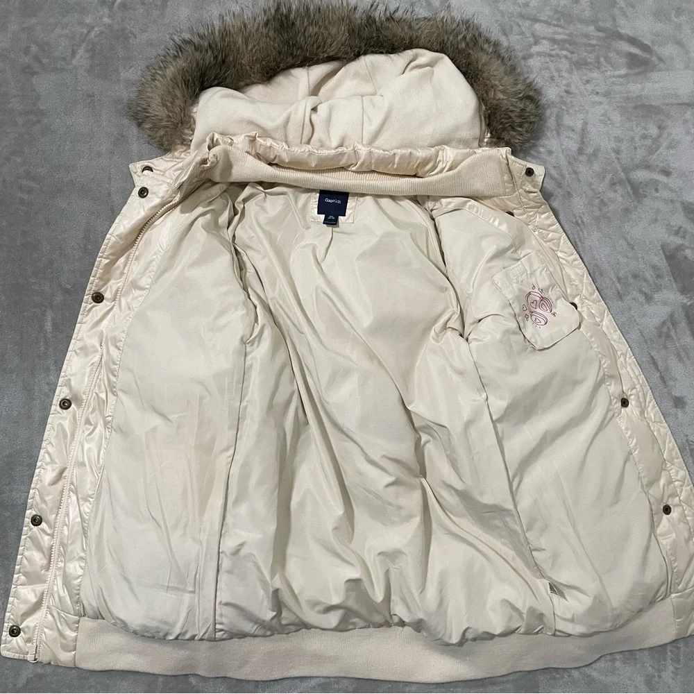 GAP Kids Girls Ivory Puffer Down Jacket Faux Fur Hood Size XXL 14-16